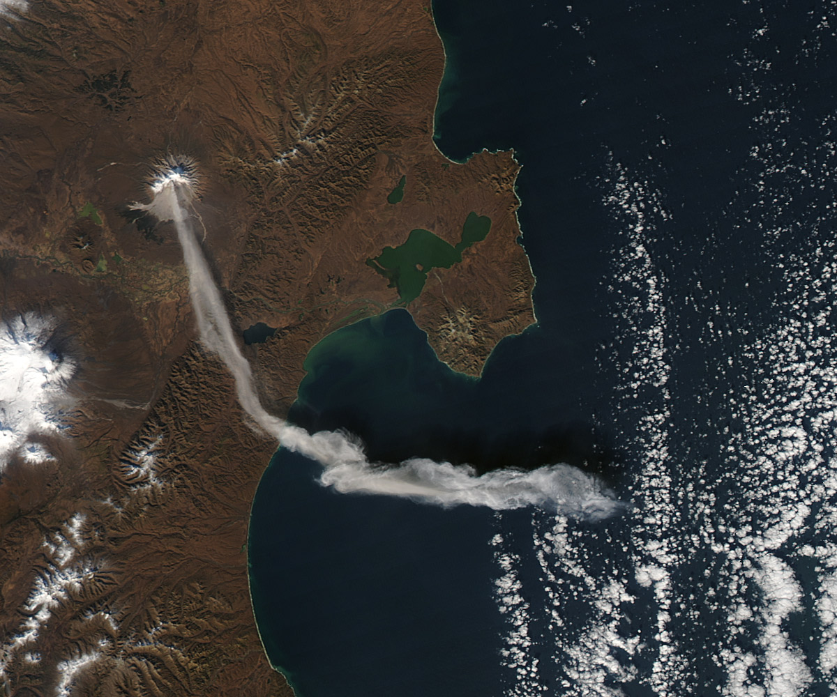 NASA satellite image of volcanic ash plume reaching the ocean