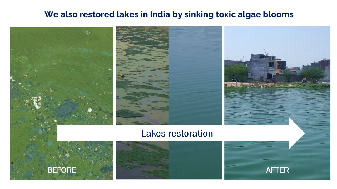 Before-and-after images of lake restoration in India